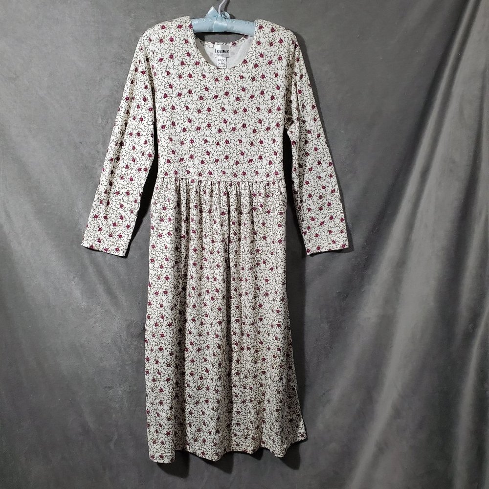 Hanes Signature Collection Long Sleeve Cotton Blend Dress Red Flower Vine Size M